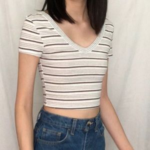 [HOLD] Striped White and Gray V-Neck Crop Top
